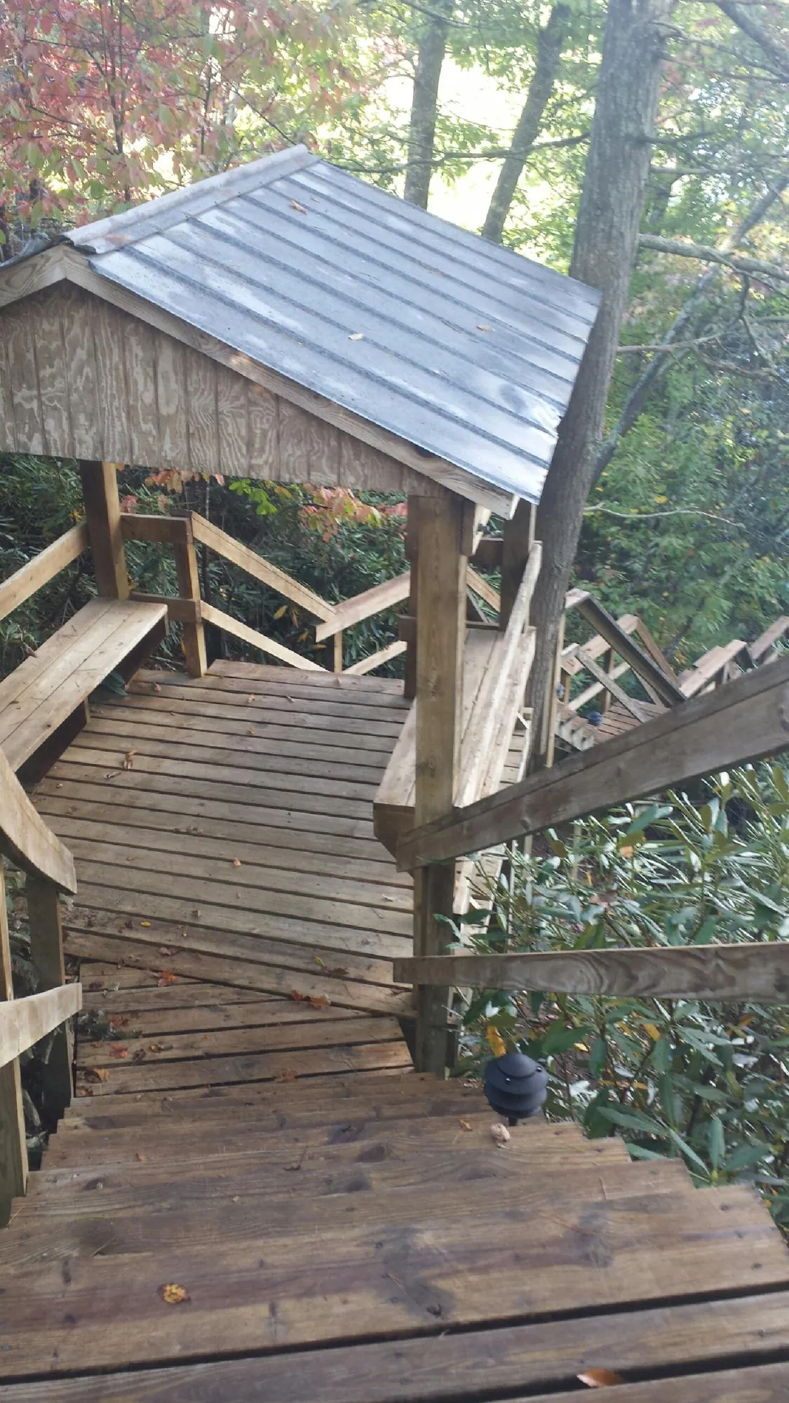 Metal roofed shelter over wooden steps on a wooded walkway — Skylight Repair & Installation work by our crew in Cade